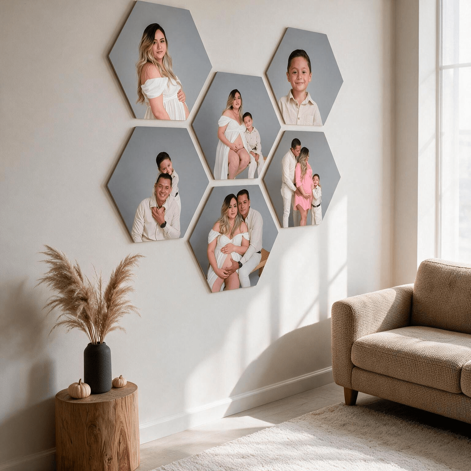 Conjunto de Hexaframes con retratos de familia en hexágono